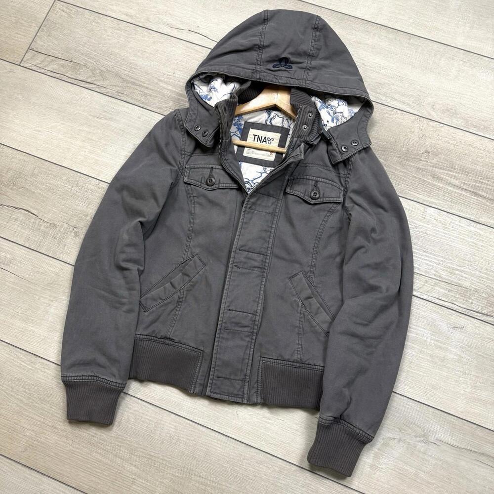 Y2K TNA Aritzia Utility Bomber Jacket Women’s S Gray Hooded Zip Up Floral Lining - Picture 2 of 7
